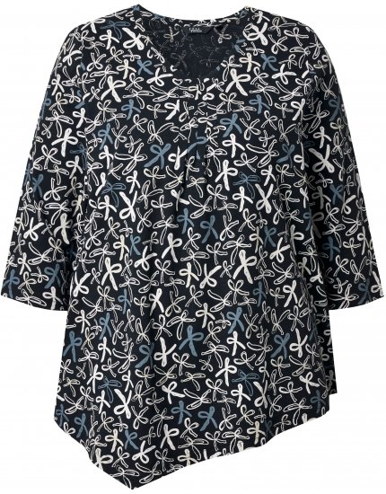 Ulla Popken Ribbon Print 3/4 Sleeve Asymmetric Tee Black - Camisetas estampadas para mujer - 