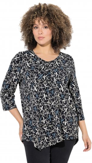 Ulla Popken Ribbon Print 3/4 Sleeve Asymmetric Tee Black - Camisetas estampadas para mujer - 