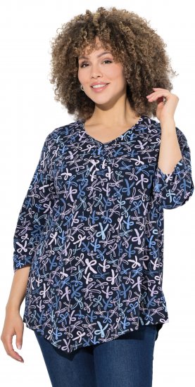 Ulla Popken Ribbon Print 3/4 Sleeve Asymmetric Tee Navy - Camisetas estampadas para mujer - 