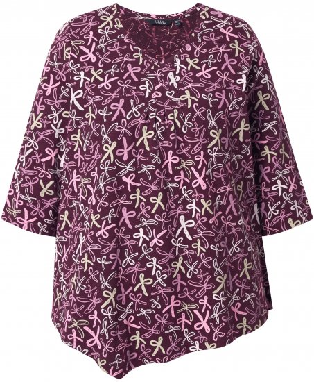 Ulla Popken Ribbon Print 3/4 Sleeve Asymmetric Tee Plum - Camisetas estampadas para mujer - 