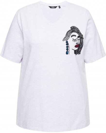 Ulla Popken Embroidered Face Motif Short Sleeve V-Neck Tee Light Grey Melange - Camisetas estampadas para mujer - 