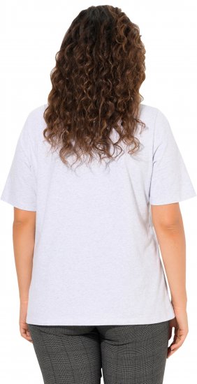 Ulla Popken Embroidered Face Motif Short Sleeve V-Neck Tee Light Grey Melange - Camisetas estampadas para mujer - 