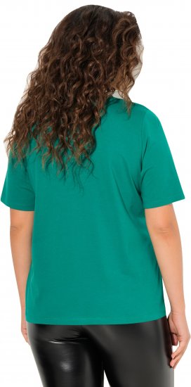 Ulla Popken Embroidered Face Motif Short Sleeve V-Neck Tee Emerald Green - Camisetas estampadas para mujer - 