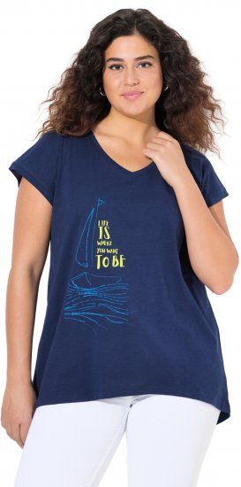 Ulla Popken Half-Sleeve A-line V-Neck Boat Pattern T-Shirt Ink Blue - Camisetas estampadas para mujer - 
