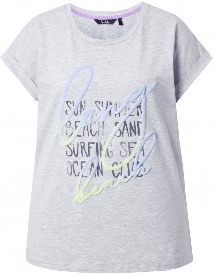 Ulla Popken Long Beach Lettering Cap Sleeve Tee Light Grey Melange - Camisetas estampadas para mujer - 