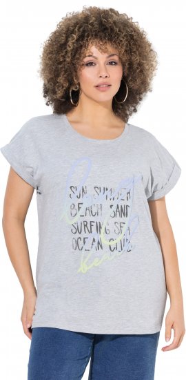 Ulla Popken Long Beach Lettering Cap Sleeve Tee Light Grey Melange - Camisetas estampadas para mujer - 