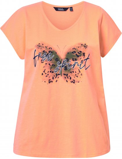 Ulla Popken Free Spirit Butterfly Cap Sleeve Graphic Tee Coral - Camisetas estampadas para mujer - 
