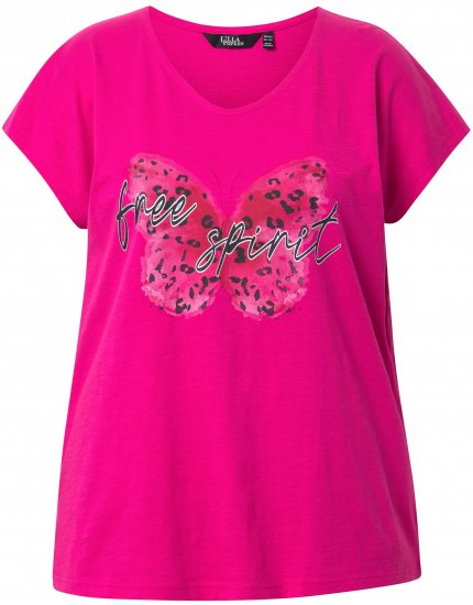 Ulla Popken Free Spirit Butterfly Cap Sleeve Graphic Tee Magenta Pink - Camisetas estampadas para mujer - 