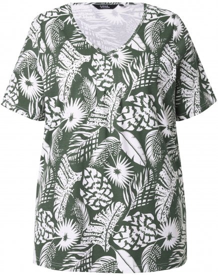Ulla Popken Feather Print Short Sleeve V-Neck Tee Olive Grey - Camisetas estampadas para mujer - 