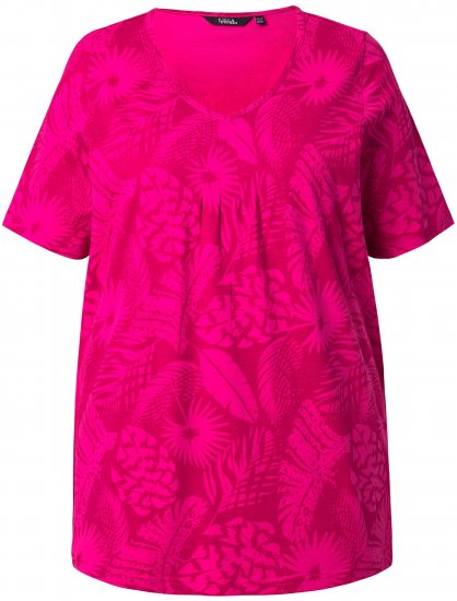 Ulla Popken Feather Print Short Sleeve V-Neck Tee Berry - Camisetas estampadas para mujer - 