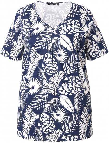 Ulla Popken Feather Print Short Sleeve V-Neck Tee Ink Blue - Camisetas estampadas para mujer - 