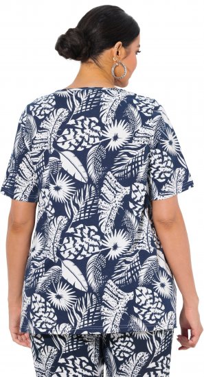 Ulla Popken Feather Print Short Sleeve V-Neck Tee Ink Blue - Camisetas estampadas para mujer - 