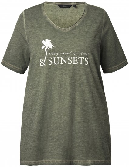Ulla Popken Sunset Lettering Short Sleeve Graphic Tee Olive - Camisetas estampadas para mujer - 