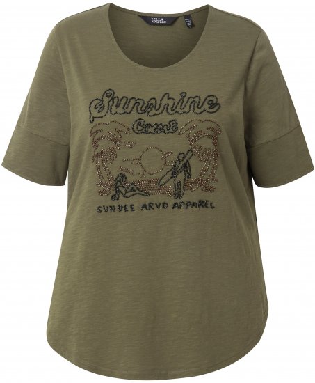 Ulla Popken Beaded Short Sleeve Graphic Tee Olive - Camisetas estampadas para mujer - 