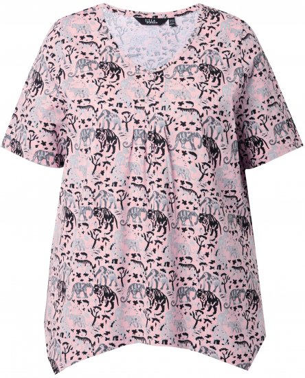 Ulla Popken Half-sleeve A-line V-neck Pointed Hem Animal Pattern T-shirt Pastel Rose - Camisetas estampadas para mujer - 