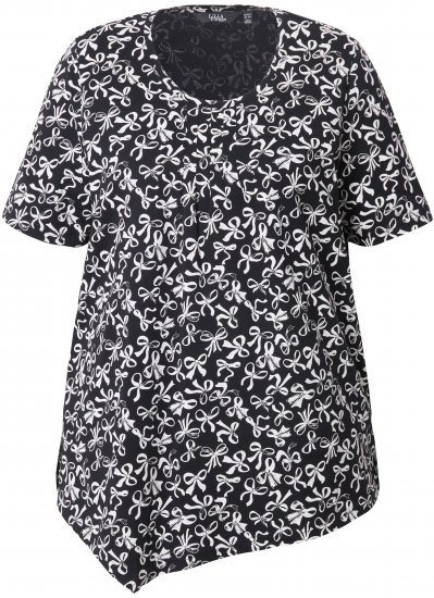 Ulla Popken Bow Print Short Sleeve Pointed Hem Tee Black - Camisetas estampadas para mujer - 