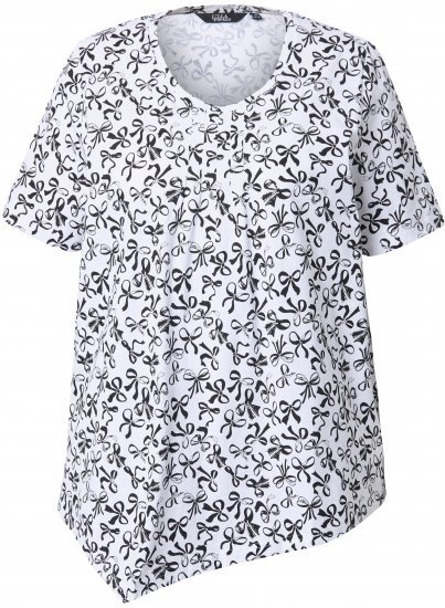 Ulla Popken Bow Print Short Sleeve Pointed Hem Tee Snow White - Camisetas estampadas para mujer - 