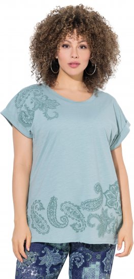 Ulla Popken Textured Paisley Motif Cap Sleeve Tee Light Moss Green - Camisetas estampadas para mujer - 