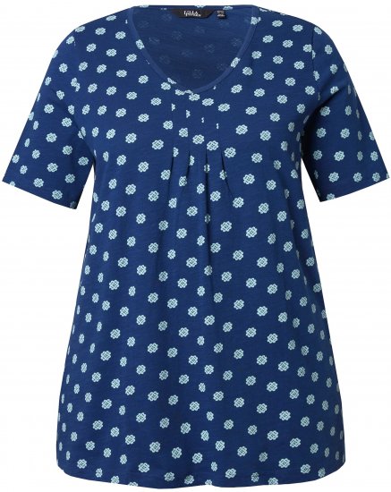 Ulla Popken Tile Print Short Sleeve Pleated Tee Dark Blue - Camisetas estampadas para mujer - 