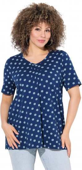 Ulla Popken Tile Print Short Sleeve Pleated Tee Dark Blue - Camisetas estampadas para mujer - 
