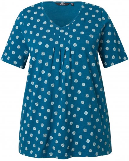 Ulla Popken Tile Print Short Sleeve Pleated Tee Teal - Camisetas estampadas para mujer - 