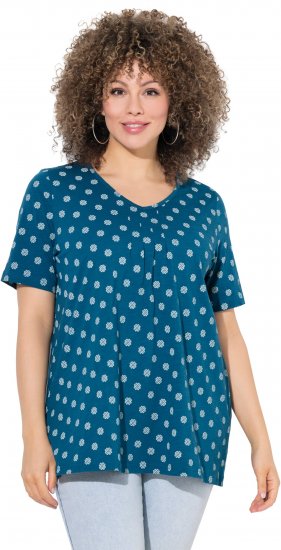 Ulla Popken Tile Print Short Sleeve Pleated Tee Teal - Camisetas estampadas para mujer - 