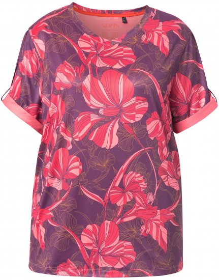 Ulla Popken Quick Drying Flower Print Short Sleeve Tee Dark Cherry - Camisetas estampadas para mujer - 