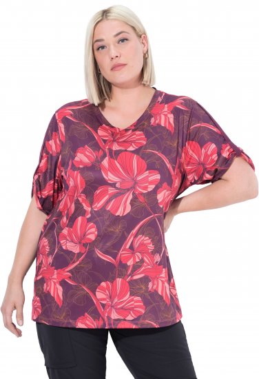 Ulla Popken Quick Drying Flower Print Short Sleeve Tee Dark Cherry - Camisetas estampadas para mujer - 