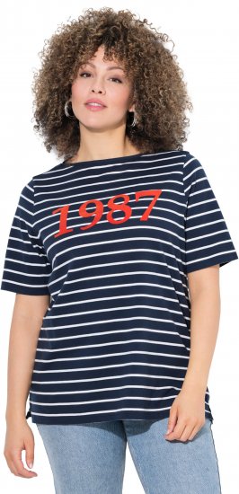 Ulla Popken Striped 1987 Boat Neck Tee Navy Blue - Camisetas estampadas para mujer - 