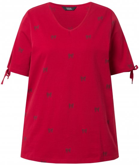 Ulla Popken Bow Print Split Sleeve Tee Ruby Red - Camisetas estampadas para mujer - 