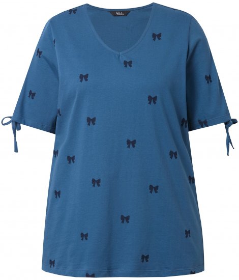 Ulla Popken Bow Print Split Sleeve Tee Indigo Denim - Camisetas estampadas para mujer - 
