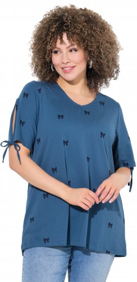 Ulla Popken Bow Print Split Sleeve Tee Indigo Denim - Camisetas estampadas para mujer - 