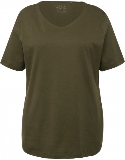 Ulla Popken Double Layer Rounded V-Neck Slim Fit Tee Forest Green - Camisetas - 