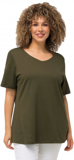Ulla Popken Double Layer Rounded V-Neck Slim Fit Tee Forest Green - Camisetas - 