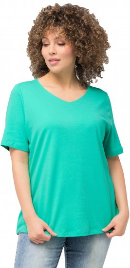 Ulla Popken Double Layer Rounded V-Neck Slim Fit Tee Turquioise Green - Camisetas - 