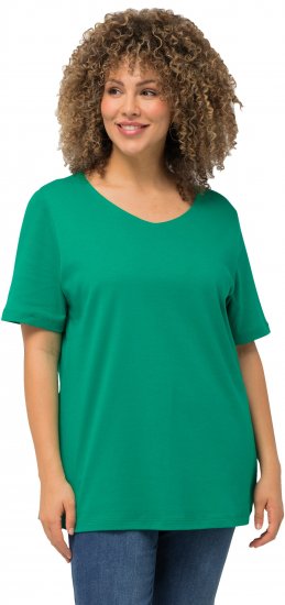 Ulla Popken Double Layer Rounded V-Neck Slim Fit Tee Emerald - Camisetas - 
