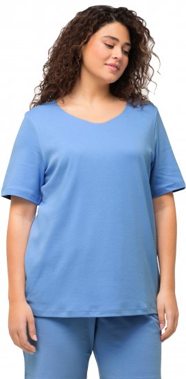 Ulla Popken Double Layer Rounded V-Neck Slim Fit Tee Cloud Blue - Camisetas - 
