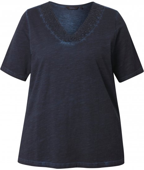 Ulla Popken Lace Trim Short Sleeve Tee Navy Blue - Camisetas - 