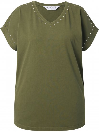 Ulla Popken Oversized studded Acid-washed V-Neck T-shirt Palm Green - Camisetas - 