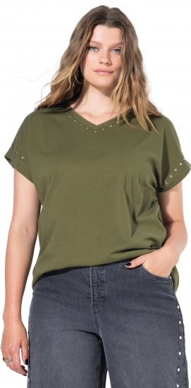 Ulla Popken Oversized studded Acid-washed V-Neck T-shirt Palm Green - Camisetas - 