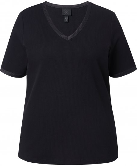 Ulla Popken Satin Trimmed Ribbed Jersey Short Sleeve T-Shirt Black - Camisetas - 