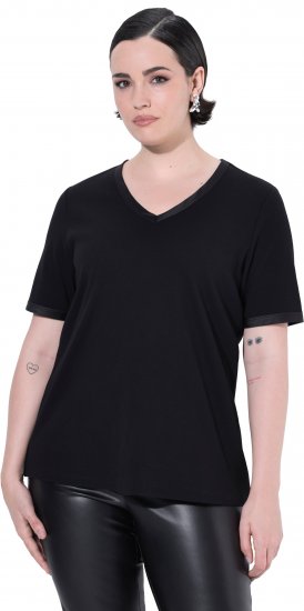 Ulla Popken Satin Trimmed Ribbed Jersey Short Sleeve T-Shirt Black - Camisetas - 