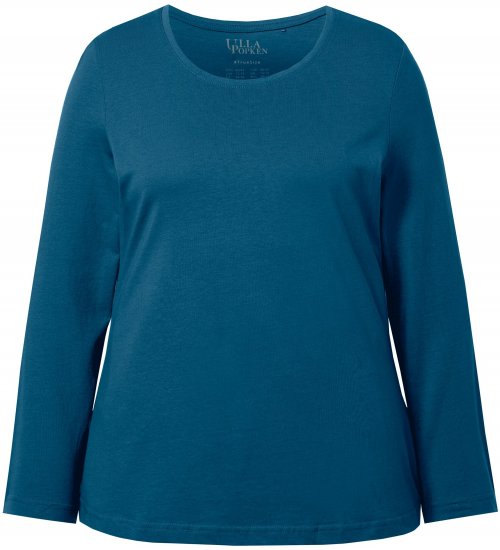 Ulla Popken Basic Round Neck Long Sleeve Slim Fit Cotton Tee Cerulean - Camisetas - 