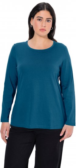 Ulla Popken Basic Round Neck Long Sleeve Slim Fit Cotton Tee Cerulean - Camisetas - 
