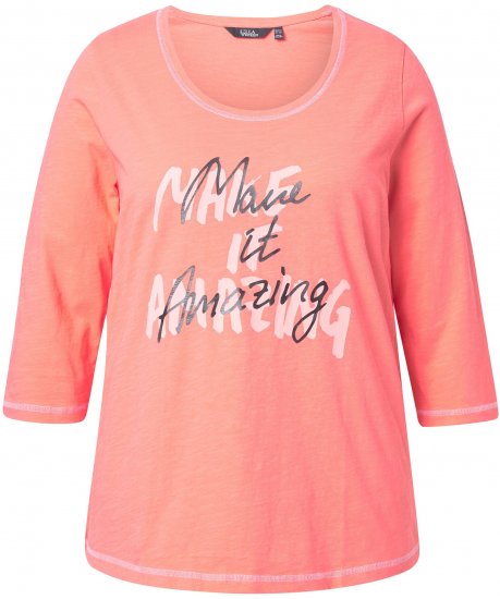 Ulla Popken Make It Amazing 3/4 Sleeve Graphic Tee Coral - Camisetas estampadas para mujer - 