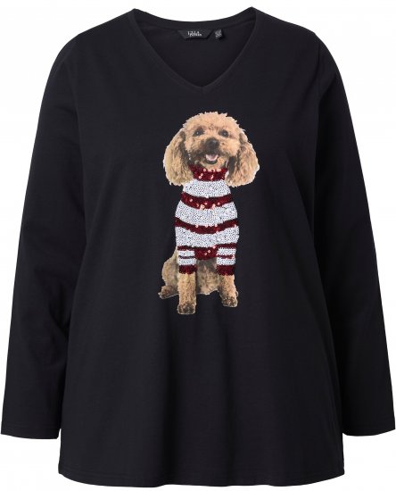 Ulla Popken Sequined Puppy Long Sleeve Graphic Tee Black - Camisetas estampadas para mujer - 