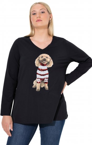 Ulla Popken Sequined Puppy Long Sleeve Graphic Tee Black - Camisetas estampadas para mujer - 
