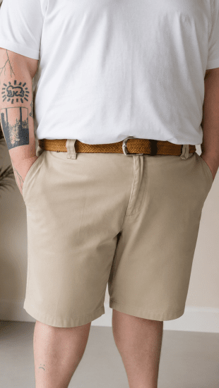 Kam Jeans 3402 Belted Dobby Weave Stretch Chino Shorts Beige - Pantalones cortos - Pantalones cortos W40-W60